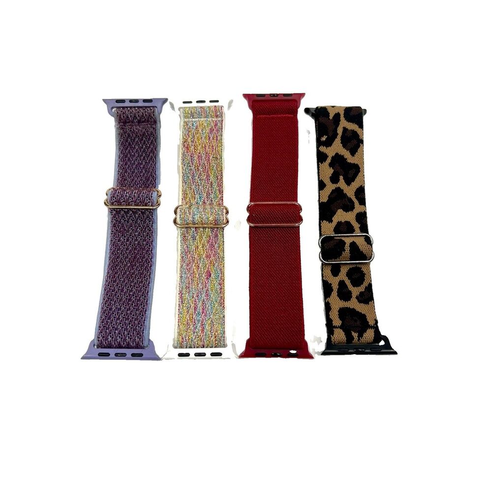 Set Of 4 Adjustable Stretchy Smartwatch Bands Red Purple Leopard & Multi 42-45mm